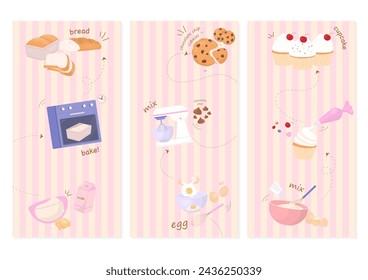 Set of bakery banners. Chocolate chip cookies, bread, and cupcake recipe on pastel striped background. Hand-drawn style.