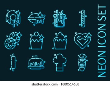 Set of Bakery blue glowing neon icons.