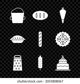 Set Bakery bowl dough, Bread loaf, Pastry bag for decorate cakes, Grater, Cereals with rice, wheat, corn, oats, rye, Cake, Homemade pie and French baguette bread icon. Vector