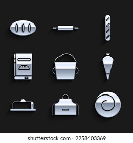 Set Bakery bowl dough, Kitchen apron, Roll bun with cinnamon, Pastry bag for decorate cakes, Strawberry cheesecake slice, Cookbook, French baguette bread and Bread loaf icon. Vector