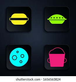 Set Bakery bowl dough , Macaron cookie , Cookie or biscuit with chocolate  and Homemade pie . Black square button. Vector
