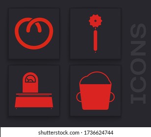Set Bakery bowl dough , Pretzel , Pizza knife  and Scales  icon. Vector