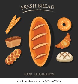 Set of bakery and bread icon flat style isolated on black background. Flour products vector illustrator