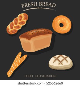 Set of bakery and bread icon flat style isolated on black background. Flour products vector illustrator