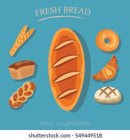 Set of bakery and bread icon flat style isolated on blue background. Flour products vector illustrator