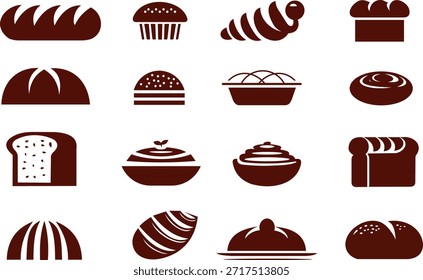 Set of bakery and bread icons including loaf, bun, croissant, muffin, pie, toast, and dessert shapes. Clean monochrome flat vector illustration representing baked goods, pastry shop products, homemade bread, and traditional bakery food. Ideal for menus, packaging, branding, cafe design, restaurant graphics, and culinary projects.