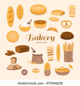 Set of bakery: bread, loaf, bun, baguette, croissant, donut, pretzel, flour and others. Collection of vector icons store bakery. Illustration of breads and pastries. Food concept.