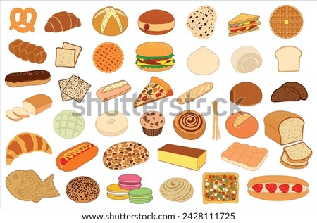 set of bakery bread pastry Collection with croissant and bagel, cinnamon roll and macarons with doughnut in doodle style