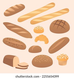 Set of bakery breads: baguette, sourdough bread, with seeds, sandwich loaf, brioche, croissant, muffin with sugar, round loaf