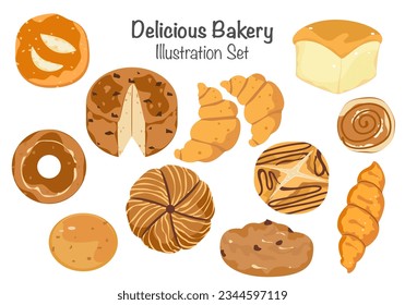 Set of bakery breads, breads, and fresh pastries. Delicious. Vector illustration isolated on a white background.
