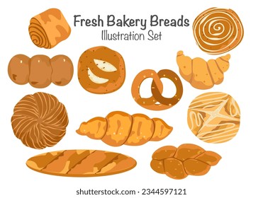 Set of bakery breads, breads, and fresh pastries. Delicious. Vector illustration isolated on a white background.