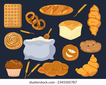 Set of bakery breads, breads, and fresh pastries. Delicious. Vector illustration isolated on a white background.