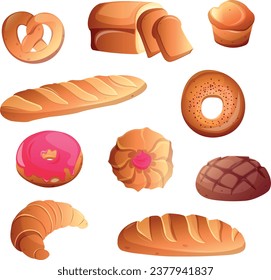 Set of bakery breads and fresh pastries. Cartoon bread vector illustration, icons. Bakery products, roll baguette, bread loaf and toast, sweet donut, muffin, pretzel  and croissant. 