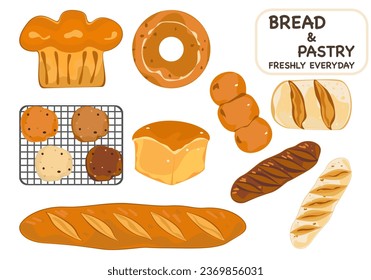 Set of bakery breads and pastries fresh daily. Delicious. Cartoon vector illustration isolated on a white background.