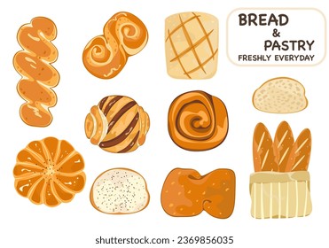 Set of bakery breads and pastries fresh daily. Delicious. Cartoon vector illustration isolated on a white background.