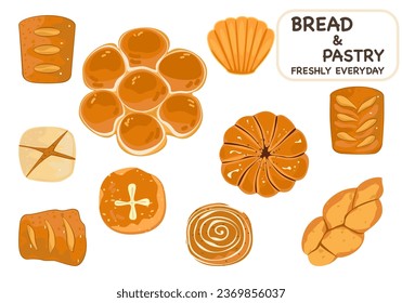 Set of bakery breads and pastries fresh daily. Delicious. Cartoon vector illustration isolated on a white background.