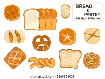 Set of bakery breads and pastries fresh daily. Delicious. Cartoon vector illustration isolated on a white background.