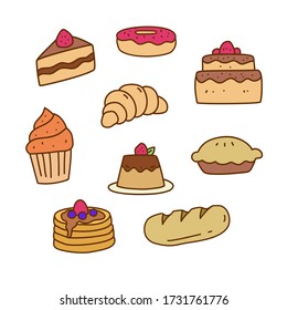 Set of bakery and cake doodle vector illustration in colorful hand drawn style isolated on white background 