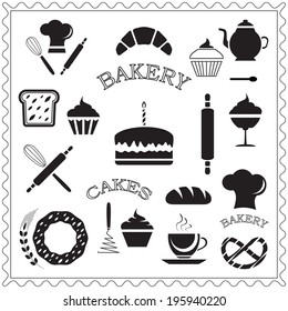 Set of bakery and cake icons, pastry shop design elements, isolated on white background, vector illustration.
