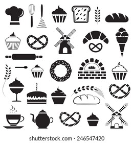 Set of bakery and cake icons, pastry shop design elements, coffee, tea and dessert, black isolated on white background, vector illustration.