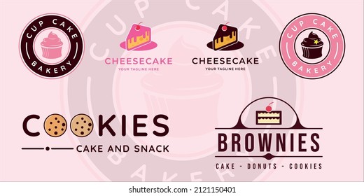 set of bakery cake logo modern vector illustration template icon graphic design. bundle collection of various cookies snack and brownies sign or symbol for cafe or business food and restaurant