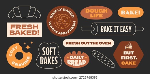 Conjunto de colección de pegatinas de panadería y pastel. Croissant, pan, diseño de pretzel.