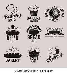 Set of bakery or cakery and bread shop logos, badges, labels and design elements.