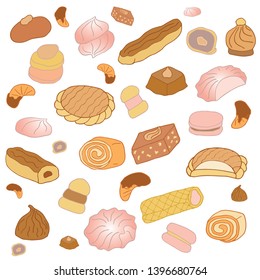 Set of bakery, chocolate and sweets in bright colors. Includes biscuit, cookies, marshmallow, cream rolls, eclairs, waffles, crackers. Isolated on white for scrapbooking, design and textiles.
