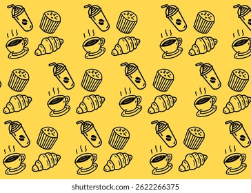 A set of bakery and coffee illustration pattern with yellow background, food packaging, menu illustration hand drawn print ads, food business, coffee shop