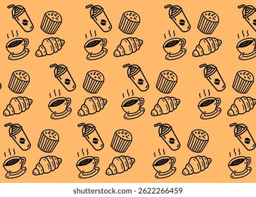 A set of bakery and coffee illustration pattern with brown background, food packaging, menu illustration hand drawn print ads, food business, coffee shop