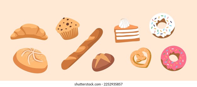 Set of Bakery and Confection Products. Isolated Croissant, Muffin, Piece of cake and Baguette. Donut, Pretzel, Bun and Cupcake. Bake House Production, Fresh Pastry Icons. Cartoon Vector Illustration