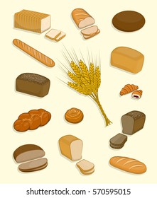 Set of bakery and confectionery on a white background. Fresh pastries, rye bread, wheat bread loaf, sliced for sandwiches and toast, baguette, croissant, brioche, ear of wheat. Vector Illustration.