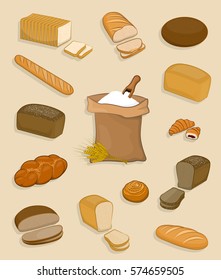 Set of bakery and confectionery on a white background. A bag of flour, fresh pastries, rye bread, wheat bread, sliced for sandwiches and toast, baguette, croissant, colossus. Vector illustration.