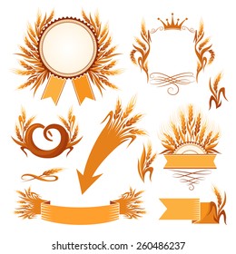 Set of bakery decorative elements, ornaments and icons with copy space. Design frames and banners with wheat.