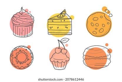 Set of bakery. Delicious muffins, sweets. Graphic elements for cafe or restaurant. Minimalist paintings, outline, line art, icon. Cartoon flat vector illustrations isolated on white background