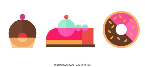 Die Bäckerei-Dessert in hellen geometrischen Stil. Fast Food-Produkte oder Junk Cuisine. Donut, Kuchen. Minimalistisches modernes Design. Cartoon flache Vektorgrafik.