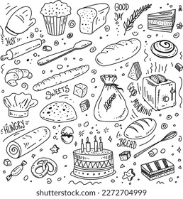 Set of bakery and dessert doodles, hand drawn vector Illustration 