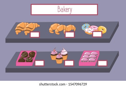 Set of bakery and desserts on supermarket shelves. Food store interior. Bakery. Croissant, brezel, donut, chocolate sweets, cupcake, muffin and macaron. Cartoon vector illustration