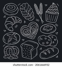 Set de doodle de panadería. Pastel, pan, baguette, cruasán, bollos, galletas en forma de boceto. Para banner, impresión, afiches y panadería a la carta. Ilustración vectorial dibujada a mano aislada en el fondo negro.