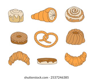 Set of bakery doodle illustration. Hand drawn bakery elements vector collection