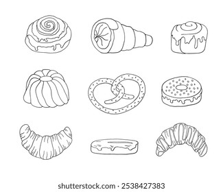 Set of bakery doodle illustration. Hand drawn bakery elements vector collection