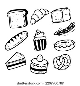 Set of bakery doodle illustration isolated on white background