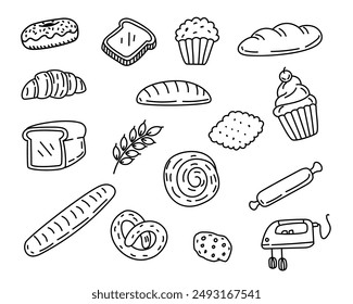 Set of bakery doodle illustration on white background. Hand-drawn bakery elements vector collection.