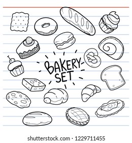 set of bakery in doodle style for decoration.