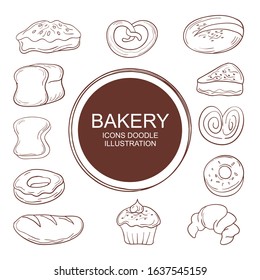 Set of Bakery doodles, hand drawn bread and pastry sketches. Isolated on background