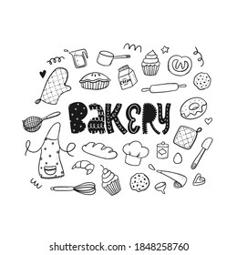 set of bakery doodles and quote isolated on white background. Good for cards, prints, posters, stickers, cliparts, logos, icons, etc. EPS 10