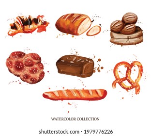 Set of bakery, each element on a separate layer. Watercolor food illustration.