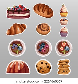 Set of bakery elements. Vector illustration of different pastry like cakes,cupcakes,muffins with berries,cookies,bread,buns,croissants isolated on gray. Stickers,bakeries,design,cafe concept.