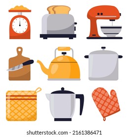 Set of bakery equipment, Baking tools, breads, pastries such as scale, mixer machine, kettles and other in drawing style on white background, vector illustration