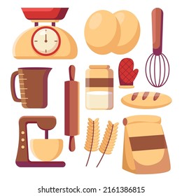 Set of bakery equipment, Baking tools, breads, pastries such as scale, mixer machine, kettles and other in drawing style on white background, vector illustration